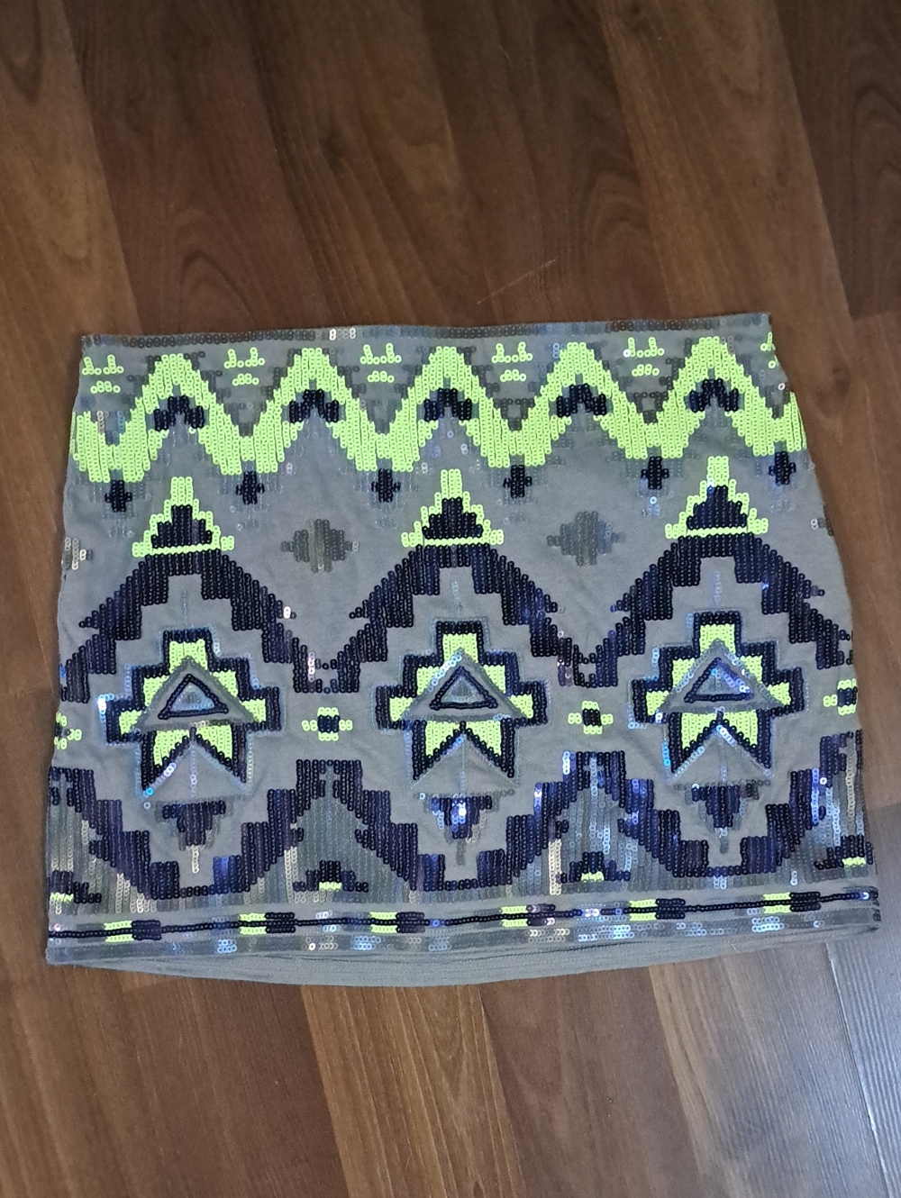 Express Sequin Mini Skirt in Gray, Neon Yellow & Navy